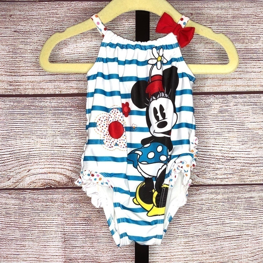 Disney Minnie Mouse Blue and White Stripe One Piece Swimsuit Size 6-12 Months